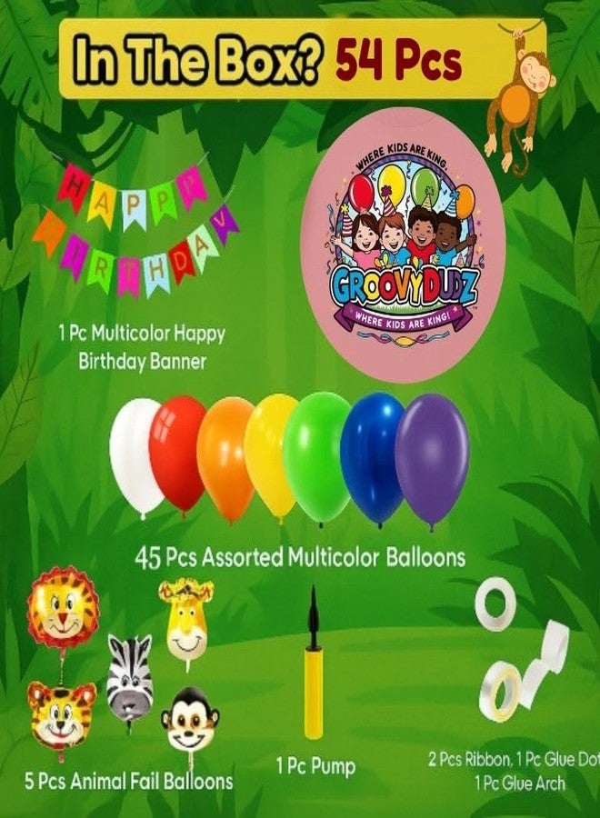 GROOVY DUDZ GROOVYDUDZ Jungle Theme 1st Birth day Decoration Combo - 54 Pcs Happy 1 Year Birth day Party Kit for Baby Boy & Girl with Safari Animals, Balloons, Banner & Party Accessories - Image 2